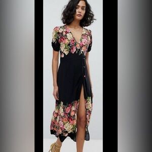 Free People Black Asymmetrical Dress with Floral Design